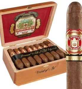 Open box of Arturo Fuente Hemingway cigars with a single perfecto-shaped cigar displayed in front.