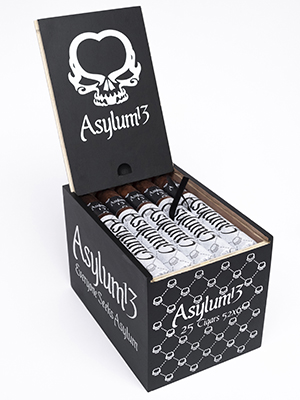 Open box of Asylum 13 Nicaragua cigars with dark, oily wrappers and bold black bands