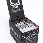 Open box of Asylum 13 Nicaragua cigars with dark, oily wrappers and bold black bands