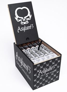 Open box of Asylum 13 Nicaragua cigars with dark, oily wrappers and bold black bands