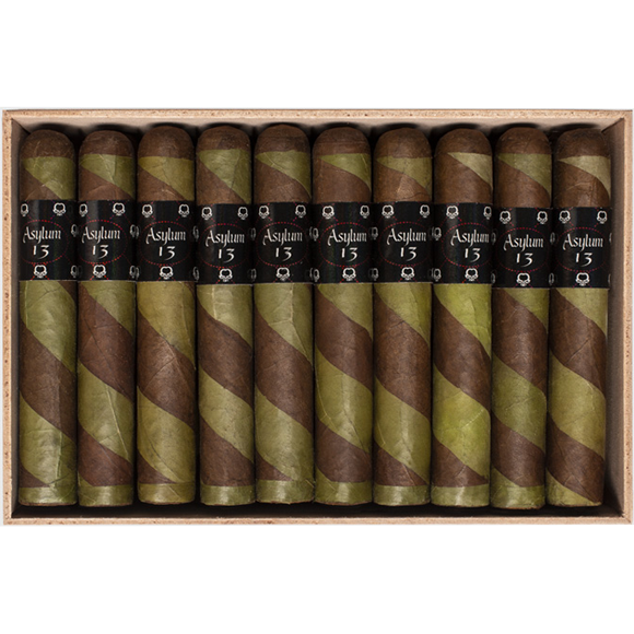 Asylum 13 Ogre cigar with distinctive green and brown barber pole wrapper