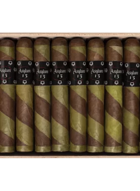 Asylum 13 Ogre cigar with distinctive green and brown barber pole wrapper