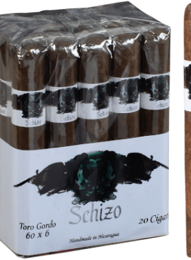Single Asylum Schizo cigar in focus with a bundle of Asylum Schizo cigars blurred softly in the background, showcasing rich wrapper texture and detailed band design.