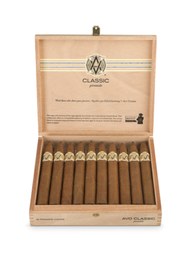 Closed box of AVO Classic cigars featuring elegant branding and smooth Connecticut Shade wrapper.