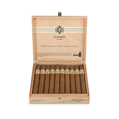 Closed box of AVO Classic cigars featuring elegant branding and smooth Connecticut Shade wrapper.