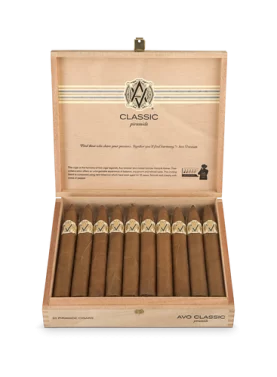 Closed box of AVO Classic cigars featuring elegant branding and smooth Connecticut Shade wrapper.