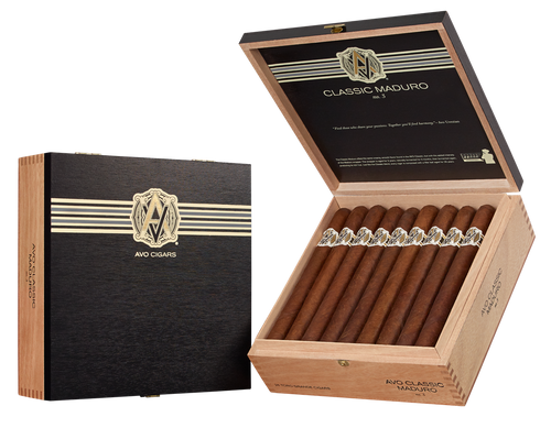 Open box of AVO Classic Maduro cigars showing dark Maduro wrappers and detailed bands.