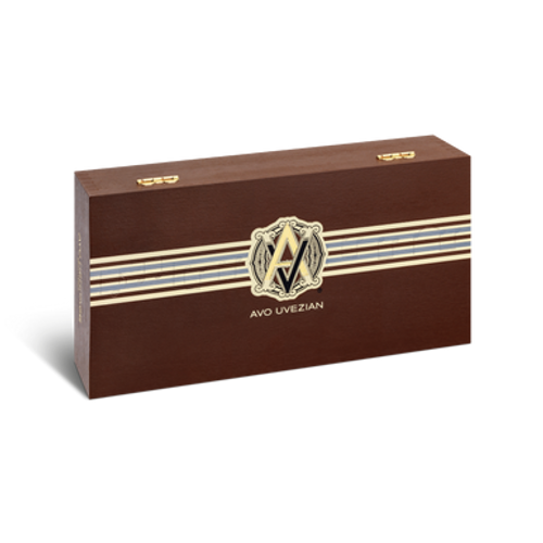 Closed box of AVO Heritage cigars featuring elegant branding and rich wood finish.