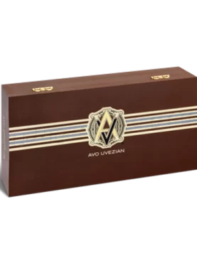 Closed box of AVO Heritage cigars featuring elegant branding and rich wood finish.