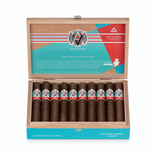 Open box of AVO Synchro Caribe cigars with vibrant bands and golden-brown wrappers