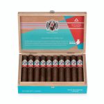 Open box of AVO Synchro Caribe cigars with vibrant bands and golden-brown wrappers