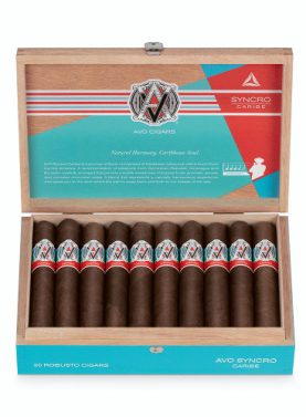 Open box of AVO Synchro Caribe cigars with vibrant bands and golden-brown wrappers