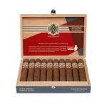 Open box of AVO Synchro Nicaragua cigars displaying rich brown wrappers and vibrant cigar bands.