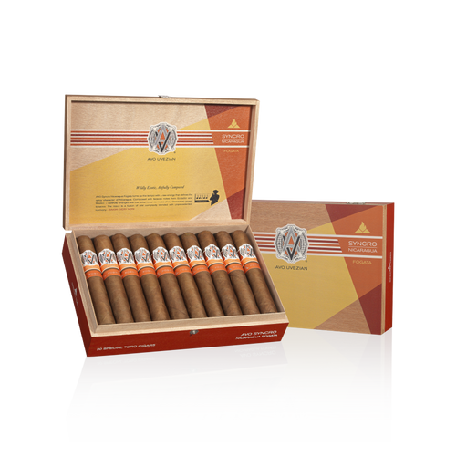 Open box of AVO Synchro Nicaragua Fogata cigars showing detailed bands and rich, dark wrappers.