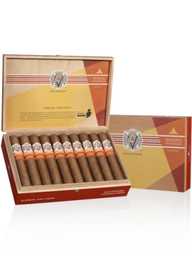 Open box of AVO Synchro Nicaragua Fogata cigars showing detailed bands and rich, dark wrappers.