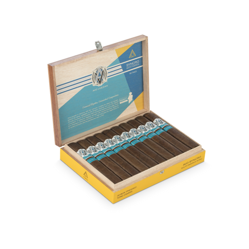 Open box of AVO Synchro Ritmo cigars neatly arranged, showing colorful bands and rich brown wrappers