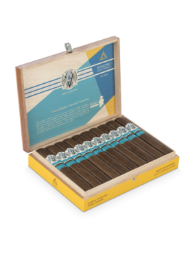 Open box of AVO Synchro Ritmo cigars neatly arranged, showing colorful bands and rich brown wrappers