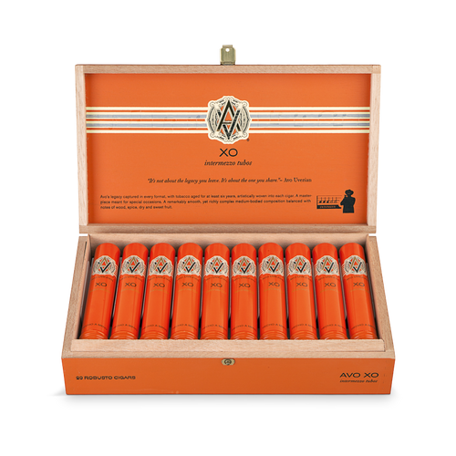 Open box of AVO XO Tubo cigars in elegant aluminum tubes with smooth Connecticut wrappers