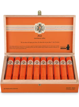 Open box of AVO XO Tubo cigars in elegant aluminum tubes with smooth Connecticut wrappers