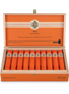 Open box of AVO XO Tubo cigars in elegant aluminum tubes with smooth Connecticut wrappers