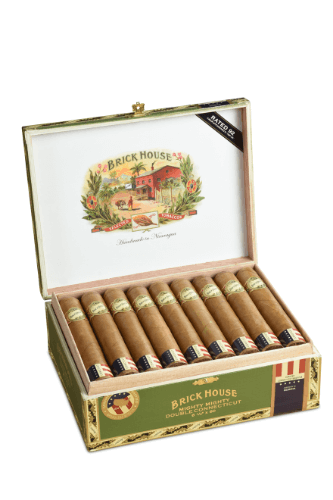 Brick House Double Connecticut cigar with a smooth, light-brown Connecticut Shade wrapper resting on a dark wood surface