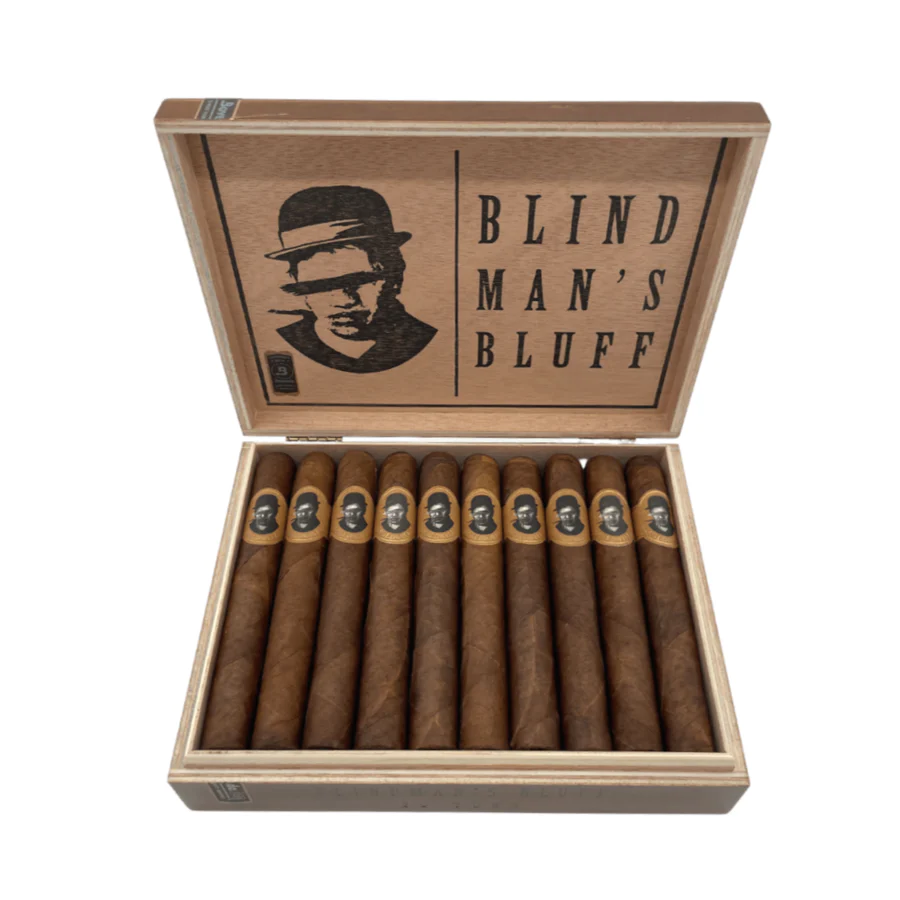 Open box of Blind Man’s Bluff Habano cigars showcasing smooth, reddish-brown wrappers and premium construction