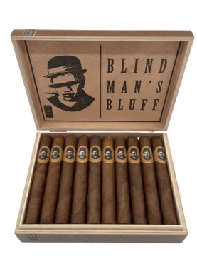 Open box of Blind Man’s Bluff Habano cigars showcasing smooth, reddish-brown wrappers and premium construction