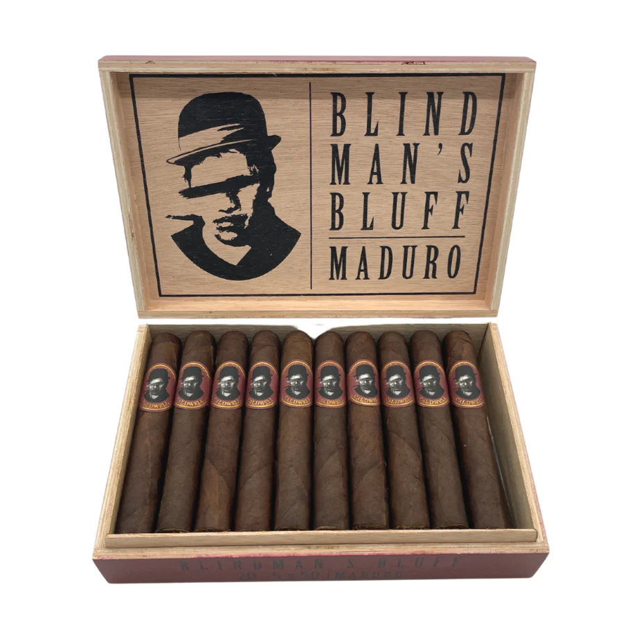 Open box of Blind Man’s Bluff Maduro cigars featuring dark, oily Mexican San Andrés wrappers and rich, bold construction.