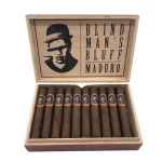 Open box of Blind Man’s Bluff Maduro cigars featuring dark, oily Mexican San Andrés wrappers and rich, bold construction.