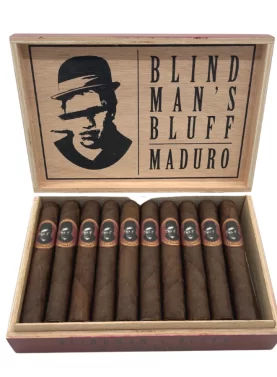 Open box of Blind Man’s Bluff Maduro cigars featuring dark, oily Mexican San Andrés wrappers and rich, bold construction.