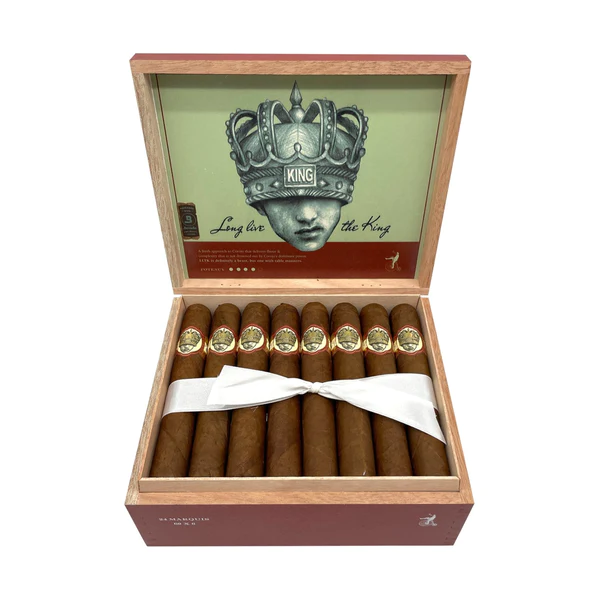 Open box of Long Live the King Natural cigars, displaying smooth, golden-brown wrappers and bold, stylish branding