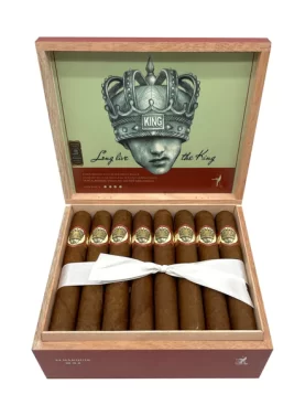 Open box of Long Live the King Natural cigars, displaying smooth, golden-brown wrappers and bold, stylish branding