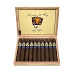 Open box of Long Live the King Maduro cigars featuring dark, oily wrappers and bold, artistic packaging