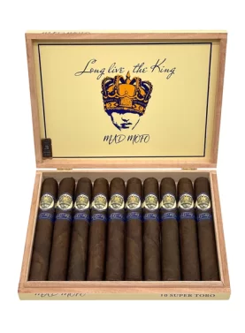 Open box of Long Live the King Maduro cigars featuring dark, oily wrappers and bold, artistic packaging
