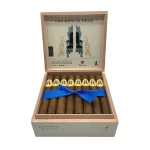 Open box of The King is Dead cigars featuring rustic, dark brown wrappers and bold, modern Caldwell branding.