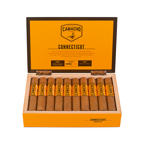 Open box of Camacho Connecticut cigars with smooth, light wrappers and bold orange bands