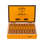 Open box of Camacho Connecticut cigars with smooth, light wrappers and bold orange bands