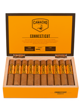 Open box of Camacho Connecticut cigars with smooth, light wrappers and bold orange bands