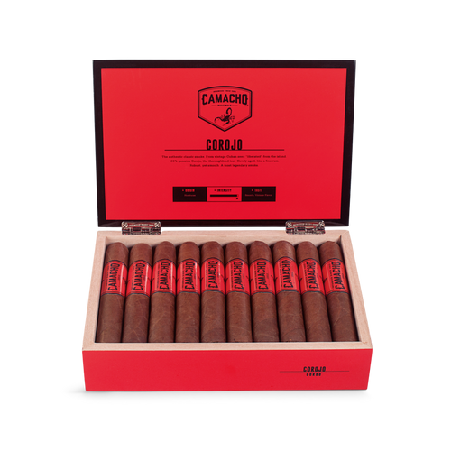 Open box of Camacho Corojo cigars featuring bold red bands and rich brown wrappers