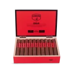 Open box of Camacho Corojo cigars featuring bold red bands and rich brown wrappers