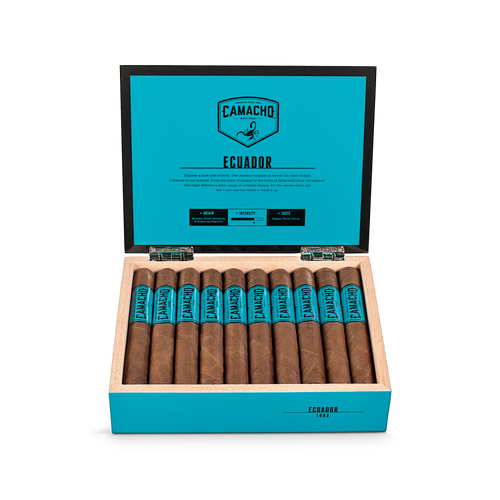 Open box of Camacho Nicaragua cigars with orange bands and rich brown wrappers