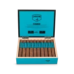 Open box of Camacho Nicaragua cigars with orange bands and rich brown wrappers