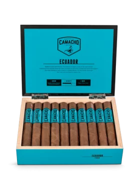 Open box of Camacho Nicaragua cigars with orange bands and rich brown wrappers