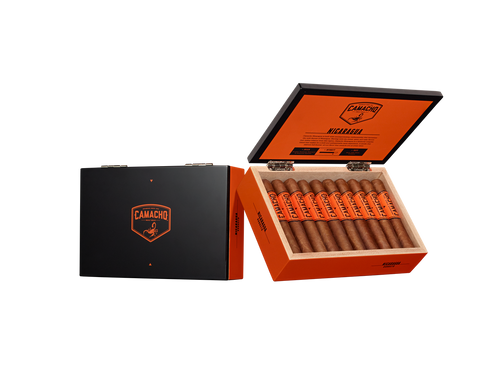 Open and closed boxes of Camacho Nicaragua cigars with bright orange branding and neatly arranged cigars