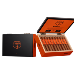 Open and closed boxes of Camacho Nicaragua cigars with bright orange branding and neatly arranged cigars