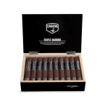 Open box of Camacho Triple Maduro cigars with dark wrappers and bold black-and-silver bands