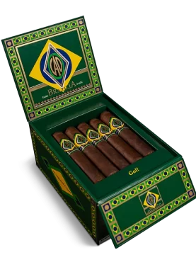 Open box of CAO Brazilia cigars with dark, oily Brazilian Maduro wrappers and bold branding.