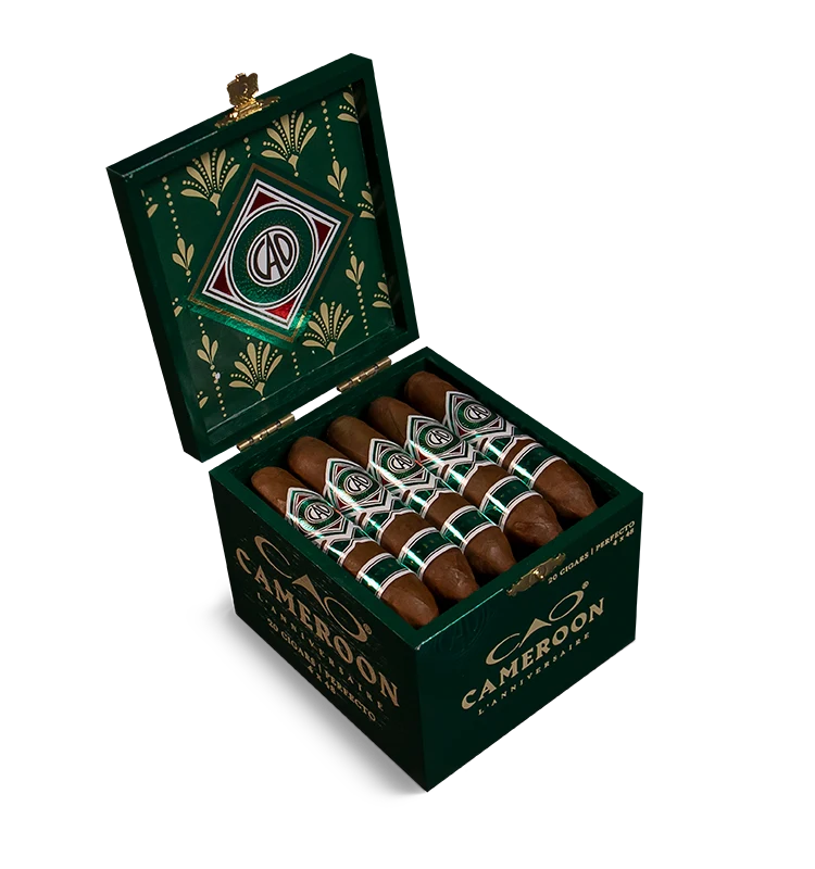 Open box of CAO Cameroon cigars with vibrant reddish-brown Cameroon wrappers and classic branding.
