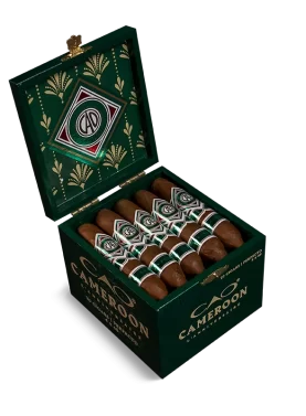 Open box of CAO Cameroon cigars with vibrant reddish-brown Cameroon wrappers and classic branding.