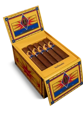 Open box of CAO Colombia cigars featuring rich Honduran wrappers and vibrant Colombian branding.